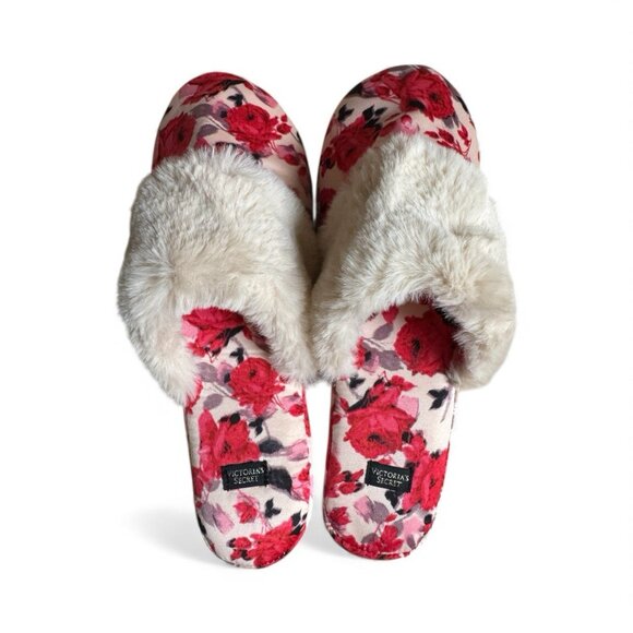 Victoria’s Secret Floral Faux Fur Slippers M w/ Gift Bag Brand New - Picture 2 of 7